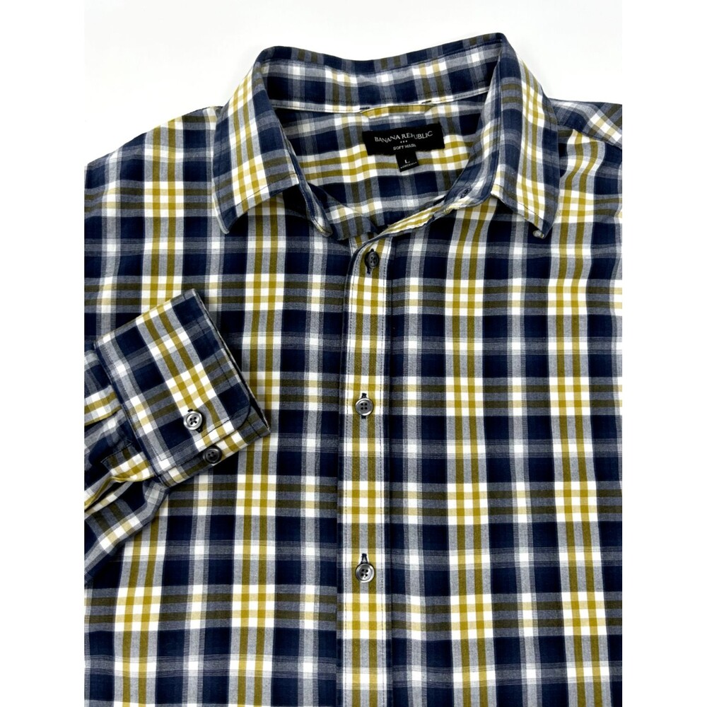 Banana Republic Blue‎ Gold Plaid Long Sleeve Button-Up Cotton Shirt Mens L